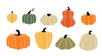 Cartoon squash. Autumn pumpkin harvest. Ripe vegetables for Halloween and Thanksgiving fall holidays. Isolated vegetarian natural food products. Vector green and orange gourd icons set