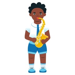 The boy is a tenor saxophonist. A schoolboy from a music school playing the saxophone. Vector. Cartoon style. Fictional character.	
