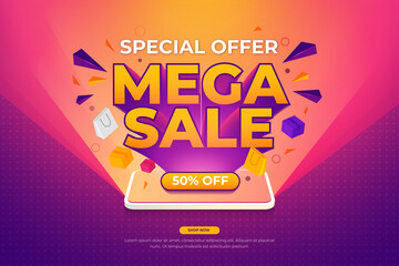 Mega sale banner template with bright phone float items 