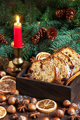 Stollen, traditional Christmas cake with dried fruits and nuts. Christmas holiday food