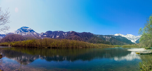 Kamikochi National Park in the Northern Japan Alps of Nagano Prefecture, Japan. Beautiful snow mountain with river.  One of the most beautiful place in Japan.