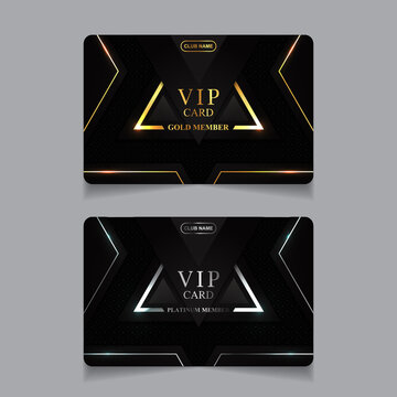 Vector VIP golden and platinum business card. Black geometric pattern background with premium design. Luxury and elegant graphic template layout for vip member