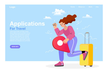 Travel app and online booking concept. A happy woman with luggage and a map pin for a flight or hotel reservation. A vector landing page template for tourism, vacation, and location services.
