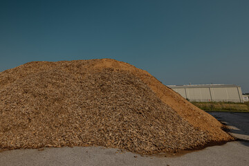 Forest residues mulched as wood chips used for heating. Pile of wood chip particles for biomass...