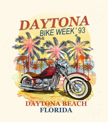 Daytona Beach typography for t-shirt print with palm,beach and motorcycle.Vintage poster.

