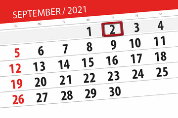 Fototapeta premium Calendar planner for the month september 2021, deadline day, 2, thursday