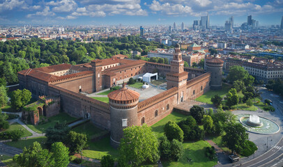 The residence of the dukes of Milan of the Sforza dynasty in Milan. Castello Sforzesco aerial view....