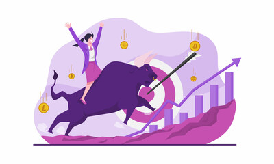 Bull market with Woman in business attire happily riding a bull
