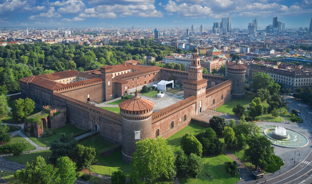 The residence of the dukes of Milan of the Sforza dynasty in Milan. Castello Sforzesco aerial view. Top view of Sforzesco castle in Milan Italy. The main Italian castle in Milan.