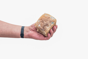 Loaf of spoiled bread in hand on white background, medium plan for design