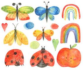 Abstract simple elements: butterflies, rainbows, apple, ladybug. Floral design, Naive art, Art of infantile style. Colorful trendy illustrations.