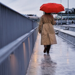 A woman with an umbrella walks in the rain against the background of city buildings