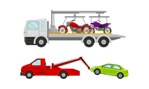 Tow Truck or Wrecker Moving Disabled or Improperly Parked Motor Vehicle Vector Set