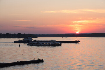 Ships on the Volga at sunset in Samara, August 2021