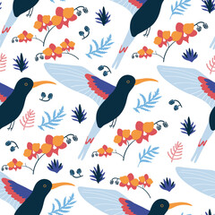 Seamless pattern hummingbird bird cartoon character, decorative leaf, orchid flower, Cute vector illustration isolated on white backround, decorative exotic backdrop, wild animal for design wallpaper