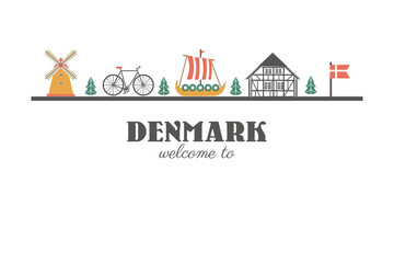 Horizontal danish banner with windmill, scandinavian buildings, tree, traditional rural wind energy, bicycle isolated on background, mill farm power ecology watermill vector colorful illustration