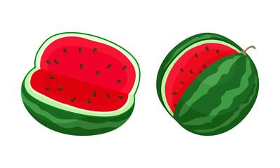 Fresh and Juicy Whole Watermelon Fruit with Red Flesh and Black Seeds Vector Set