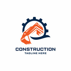 excavator heavy equipment with gear logo Design