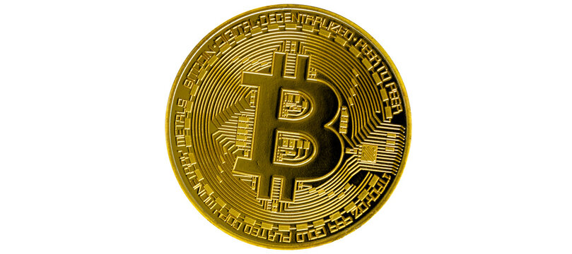 Bitcoin isolated on white background. Cryptocurrency - photo of golden bitcoin physical gold coin. Symbol of the crypto currency
