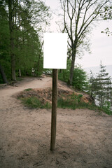 Blank advertisement sign in the woods. Signboard with nature background