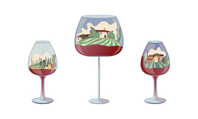 Stemware or Wine Glass with Bowl and Vineyard Scene Inside Vector Set