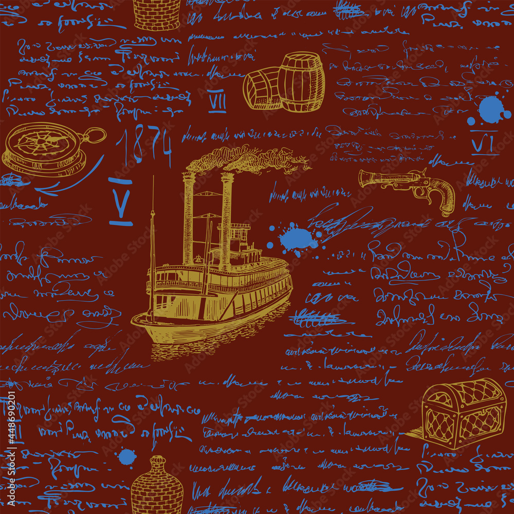Poster vector image of a seamless texture in the style of a medieval nautical record of the captain's diary