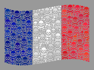 Mosaic waving France flag created of piracy items. Hazard vector waving collage France flag combined for hazard projects. Designed for political or patriotic promotion.