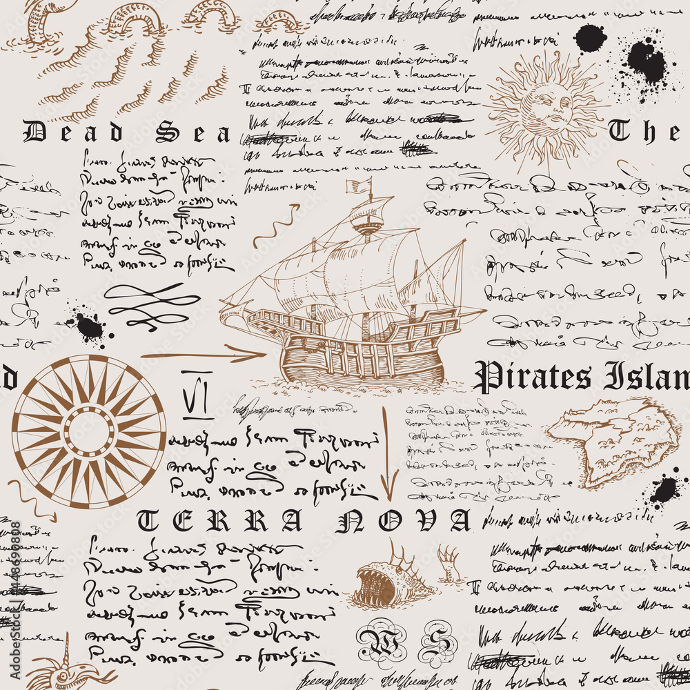 Poster vector image of a seamless texture in the style of a medieval nautical record of the captain's diary