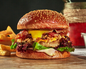 Cheeseburger with chicken patty, fried onion and bacon in sesame bun