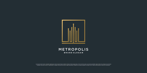 Building logo with golden square line art concept Premium Vector