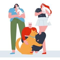 Three girls - girlfriends with their pets met for a friendly chat. Modern trendy people
Flat vector illustration
