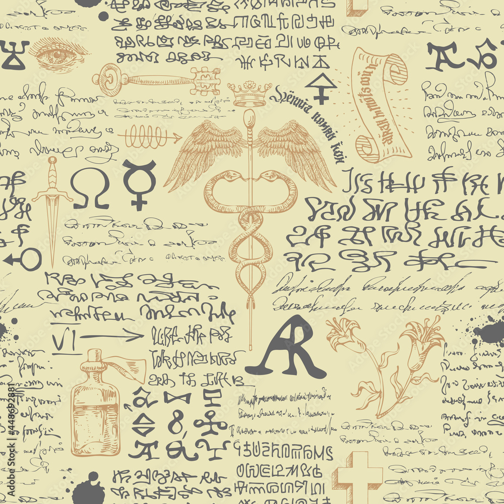 Poster vector image of a seamless texture in the form of an alchemical formula with encrypted symbols in th