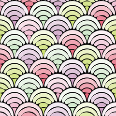 Multicolour fish scale tiles with black outline. Abstract wavy background. Seamless vector repeat background texture pattern wallpaper. © unimaginary