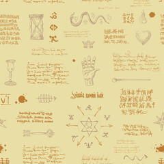 vector image of a seamless texture in the form of an alchemical formula with encrypted symbols in the style of medieval old manuscripts graphic