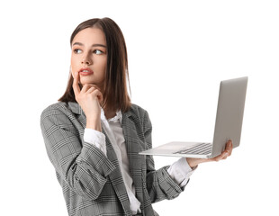 Thoughtful young businesswoman with laptop on white background