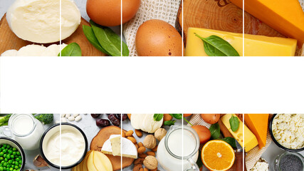 Collage of healthy diary and non-diary products rich in calcium. Healthy food.