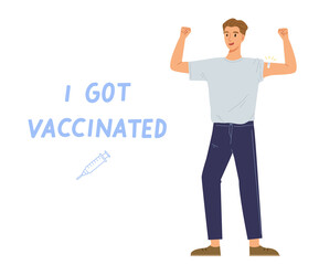 Young man got Covid-19 vaccinated. Coronavirus vaccine shot. Concept of vaccination, herd immunity, virus epidemic prevention, injection, health care. Flat vector illustration character.