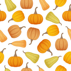 Bright autumn seamless pattern with the image of ripe pumpkins of different shapes and shades. A pattern of ripe vegetables. Pumpkin pattern is a Halloween symbol for the print. Vector illustration