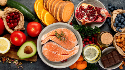 Anti aging menu on dark gray background. High in antioxidants, minerals and vitamins.
