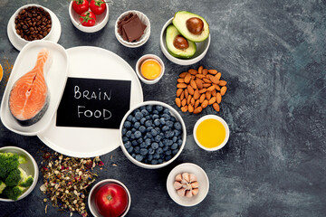 Best products for brains on dark gray background. Clean eating concept.