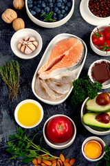Best products for brains on dark gray background. Clean eating concept.