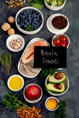 Best products for brains on dark gray background. Clean eating concept.