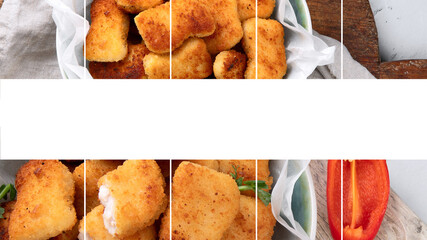Collage of crispy chicken nuggets on grey background.