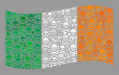 Mosaic waving Ireland flag constructed of skull elements. Mortal vector waving mosaic Ireland flag designed for fear wallpapers. Designed for political and patriotic applications.
