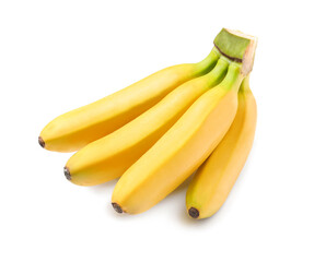 Cluster of ripe baby bananas on white background