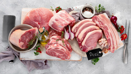 Assortment of raw pork meat on light grey background. Organic gourmet food concept.