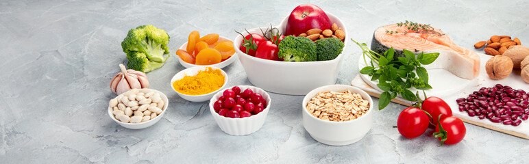 Best products for heart on dark gray background. Clean eating concept.