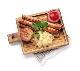 Board with tasty sauerkraut, grilled sausages and sauce on white background