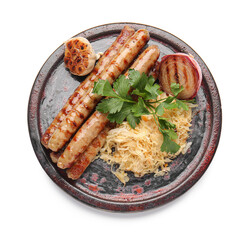 Plate with tasty sauerkraut and grilled sausages on white background