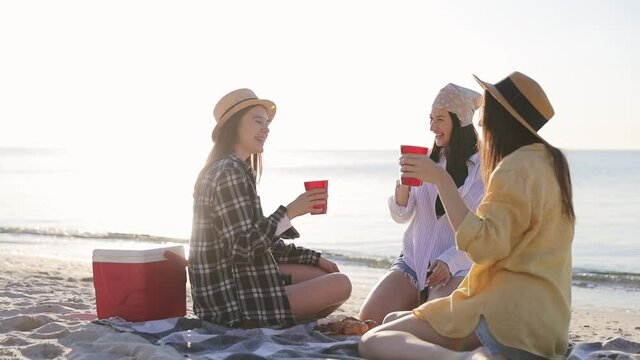 Fun three friends young women in straw hat summer clothes have picnic hang out drink liguor laughing raise toasts isolated on sea beach background outdoors. People vacation lifestyle journey concept